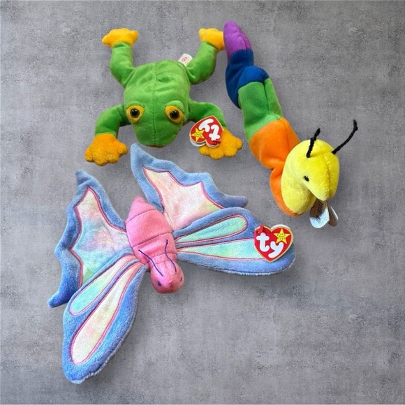 Ty Beanie Babies Green Frog, Rainbow Caterpillar, and Pastel Butterfly Set - NWT - Picture 1 of 3
